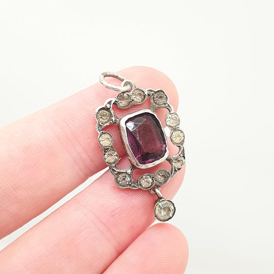 Antique Solid Silver Amethyst & Diamond Paste Pendant Necklace Foiled Pastes Cluster Edwardian Rare Vintage Womens Jewellery Jewelry