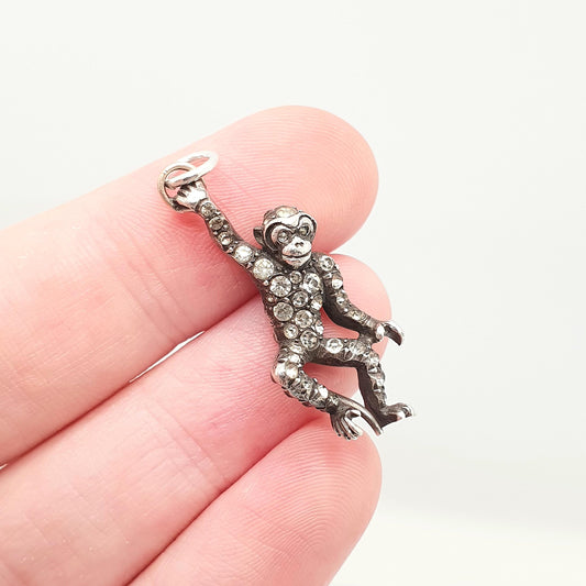 Antique Solid Silver Monkey Pendant Necklace Diamond Paste Victorian Marcasite Eyes Hanging Swinging Chimp Ape Vintage Jewelry Jewellery