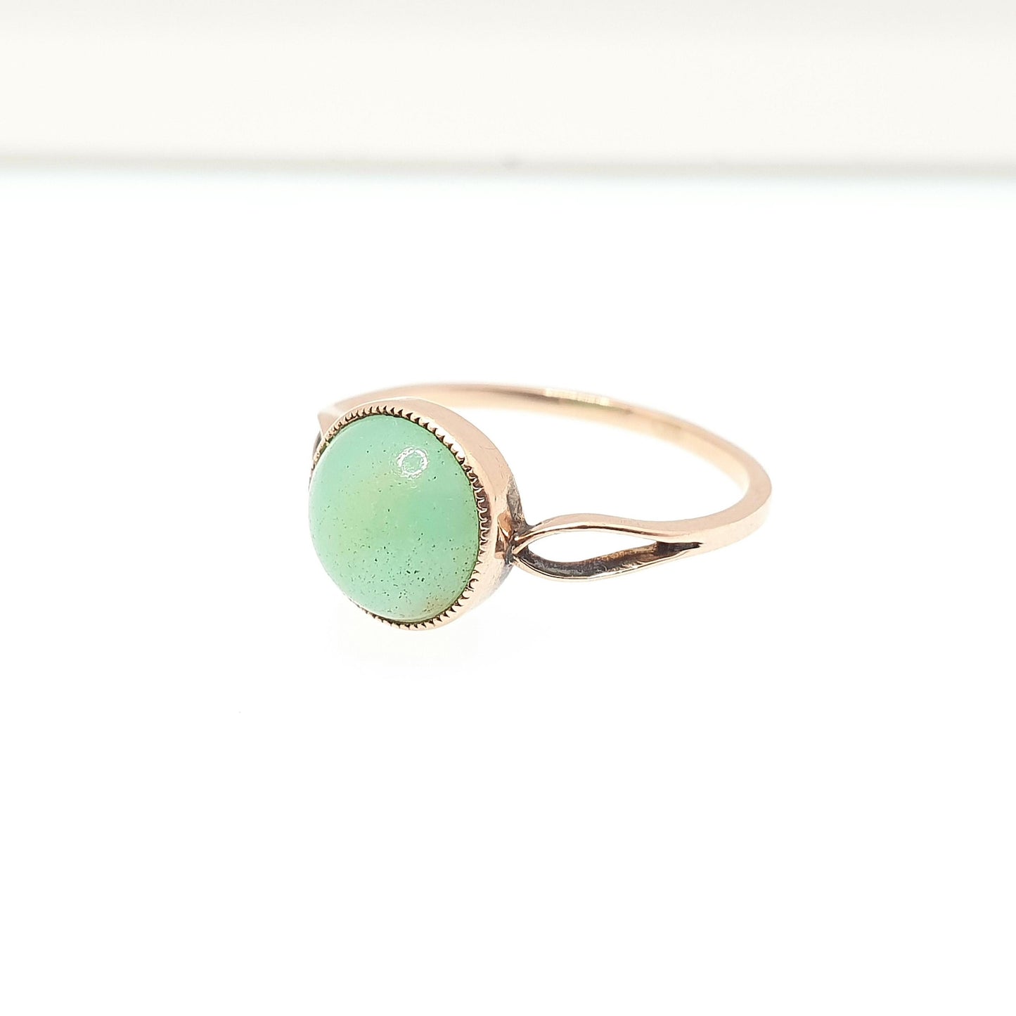 Antique 14k Gold Chrysoprase Ring Art Deco Solid 14k 585 Round Cabochon Solitaire Green Real Gemstone Rare Womens Vintage Jewelry Jewellery