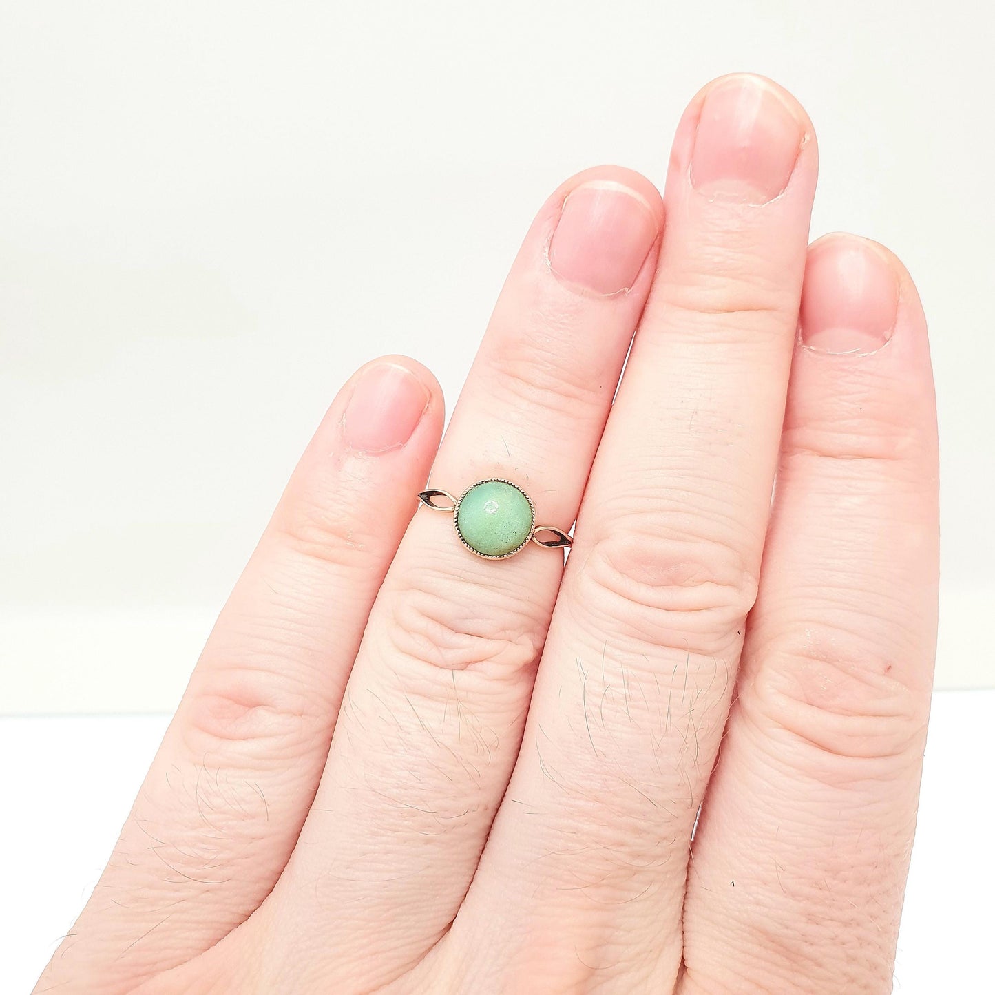 Antique 14k Gold Chrysoprase Ring Art Deco Solid 14k 585 Round Cabochon Solitaire Green Real Gemstone Rare Womens Vintage Jewelry Jewellery