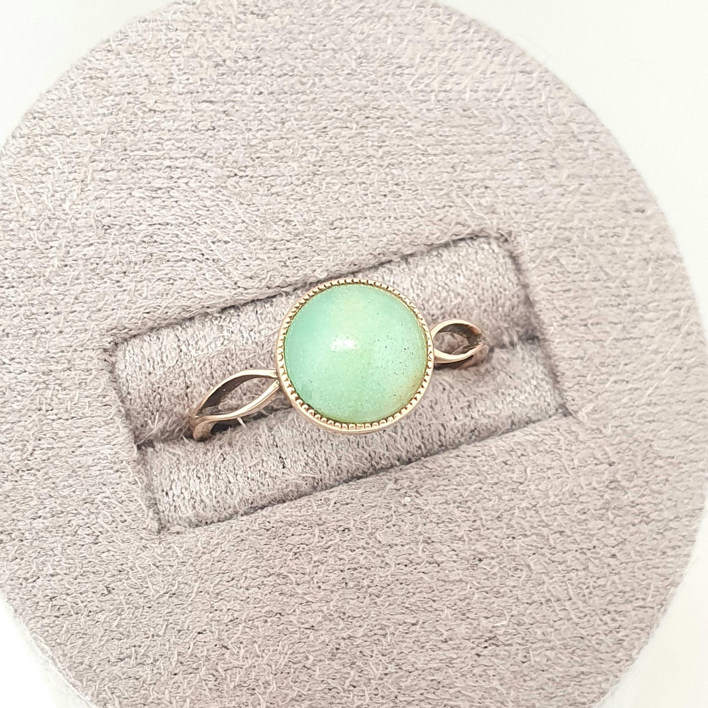Antique 14k Gold Chrysoprase Ring Art Deco Solid 14k 585 Round Cabochon Solitaire Green Real Gemstone Rare Womens Vintage Jewelry Jewellery