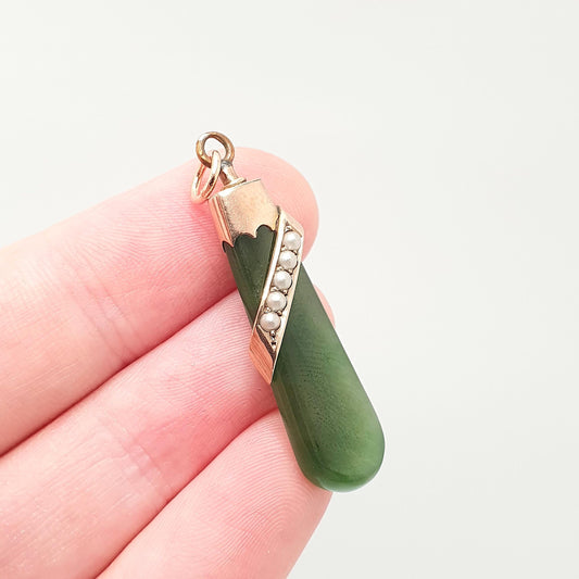 Antique 9ct 9kt Gold New Zealand Jade Necklace Pendant Victorian Nephrite Jadeite Seed Pearl Maori Gemstone Solid 375 Jewelry Jewellery