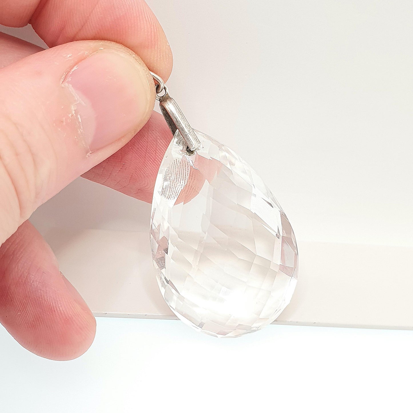 Antique Rock Crystal Quartz Solid Silver Pendant Necklace Art Deco Large Big Faceted 1920s Gemstone Clear Style Womens Jewelry Jewellery