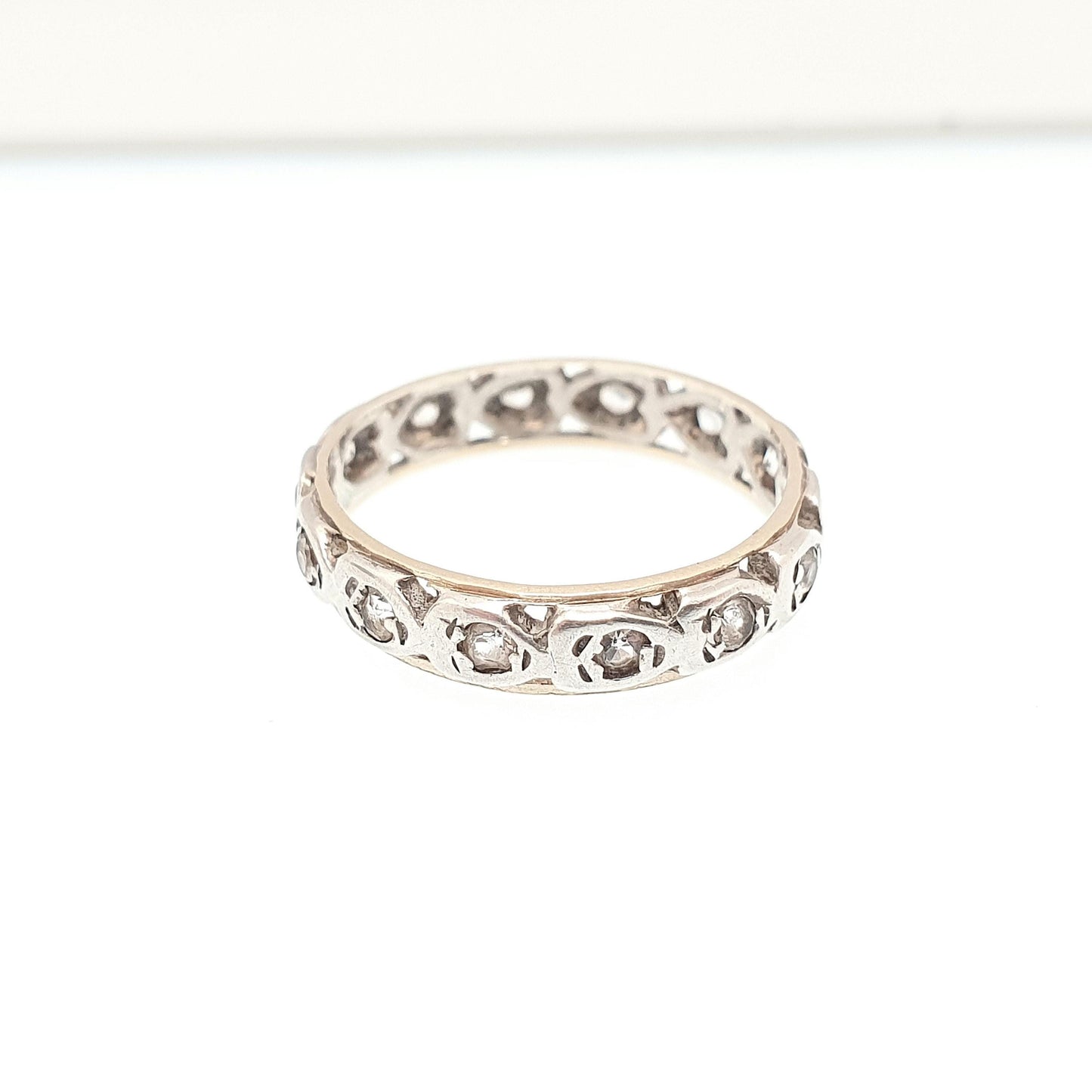 Antique 9ct 9k Gold Sterling Silver Eternity Ring Diamond White Spinel Band Art Deco Fine Estate Sparkly Full Womens Jewelry Jewellery
