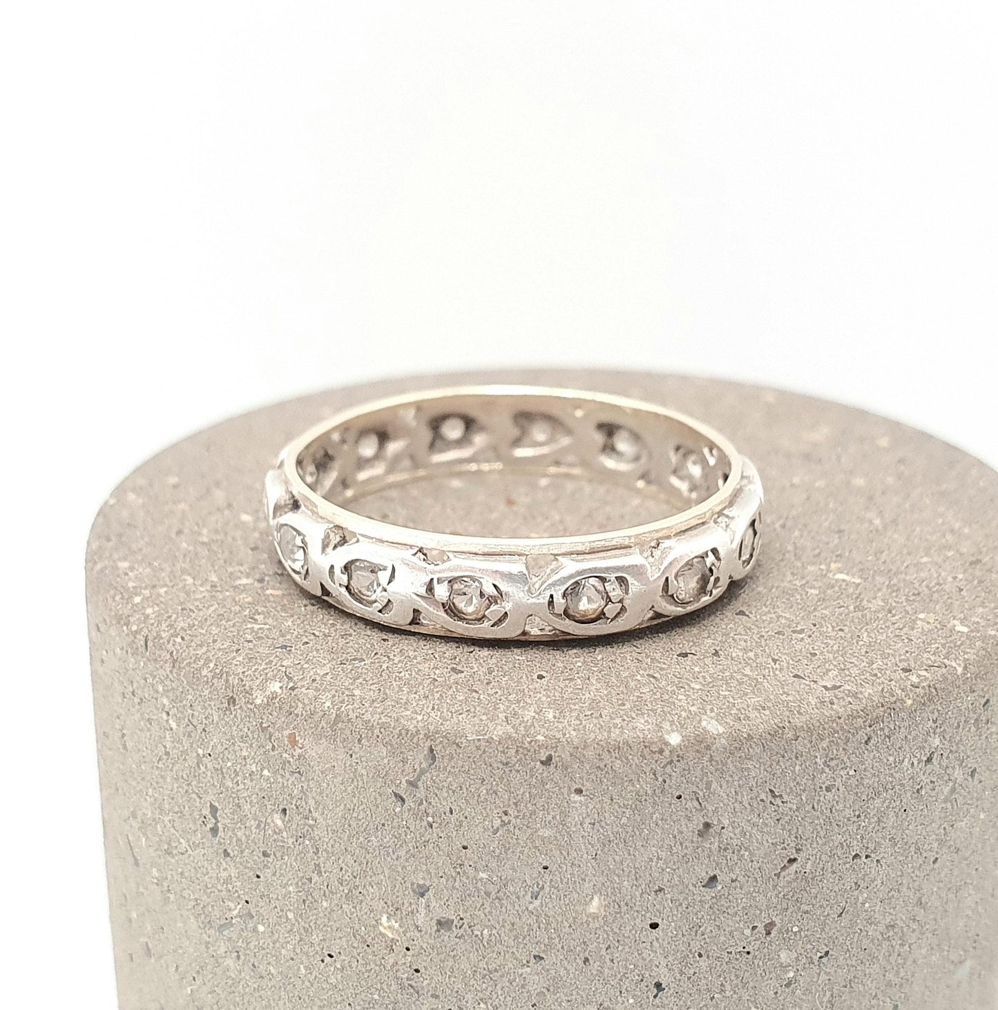 Antique 9ct 9k Gold Sterling Silver Eternity Ring Diamond White Spinel Band Art Deco Fine Estate Sparkly Full Womens Jewelry Jewellery