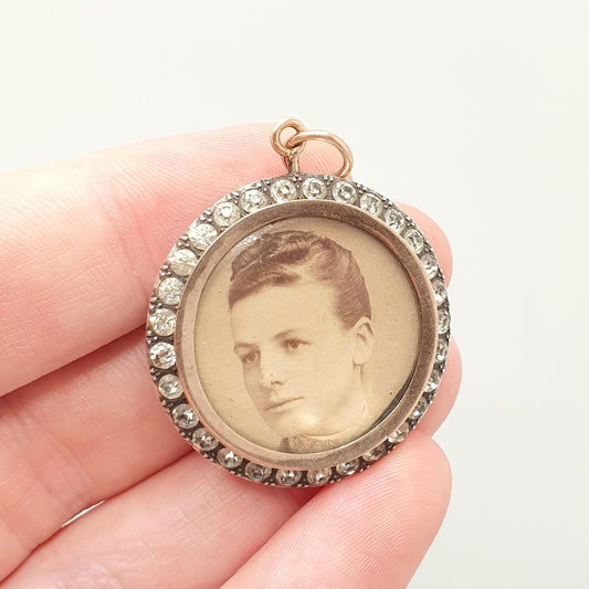 Antique Solid Silver Locket Diamond Paste Pendant Edwardian Necklace Picture Photo Double Sided Round Womens Vintage Jewelry Jewellery
