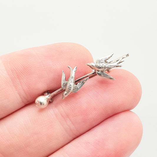 Antique Solid Silver Double Bird Brooch Victorian Sweetheart Birds Cute Swallow Swift Gift Rare Unique Pin Vintage Jewelry Jewellery