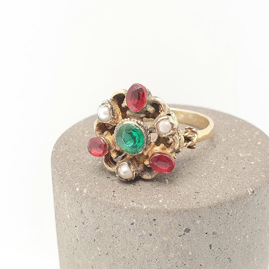 Antique Austro Hungarian Solid Silver Ring Emerald & Ruby Pastes Seed Pearl Gold Vermeil Victorian Cluster Vintage Womens Jewelry Jewellery