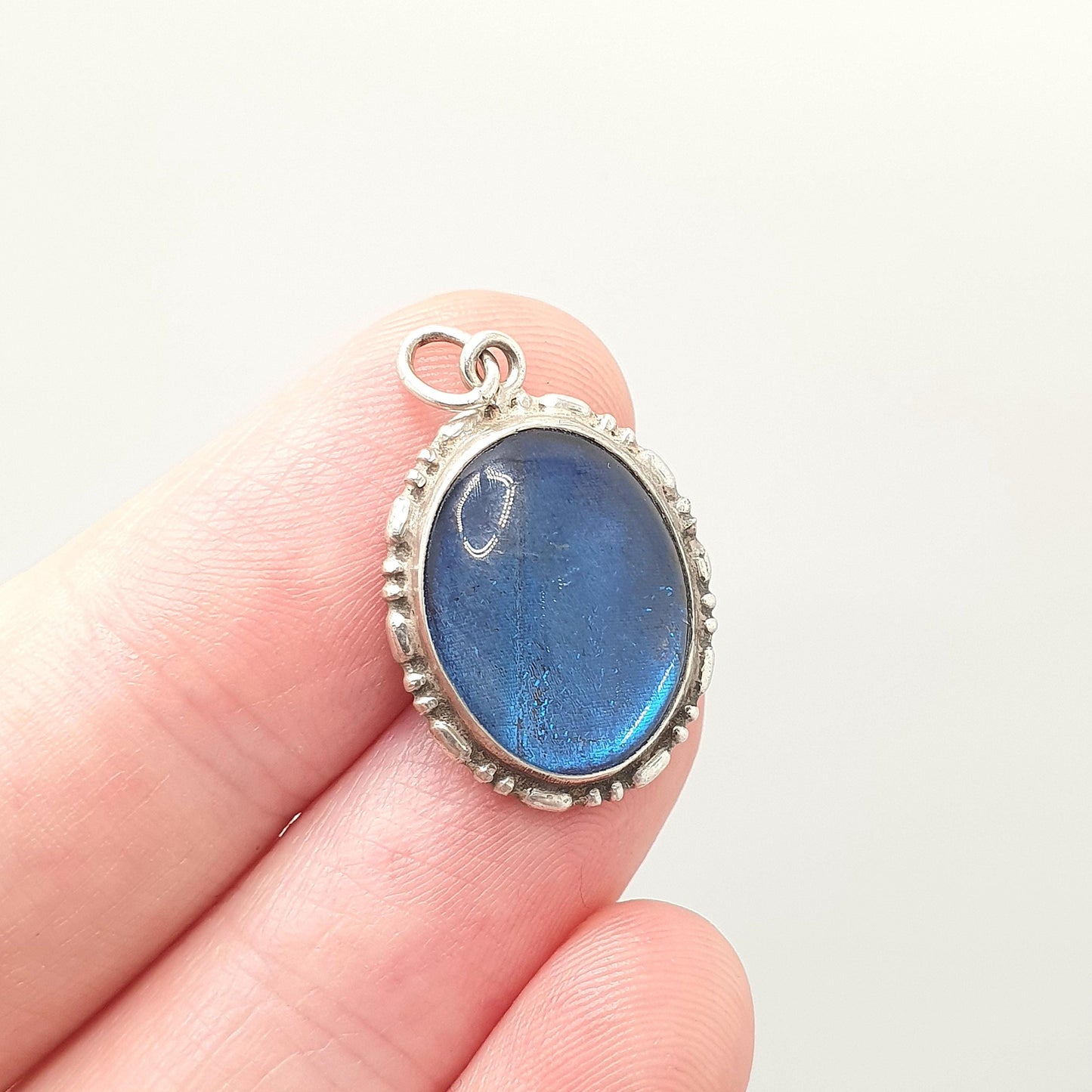 Antique Sterling Silver Butterfly Wing Necklace Pendant Art Deco Oval Genuine Vintage 1920s Blue Bug Fly Insect Jewelry Jewellery Womens