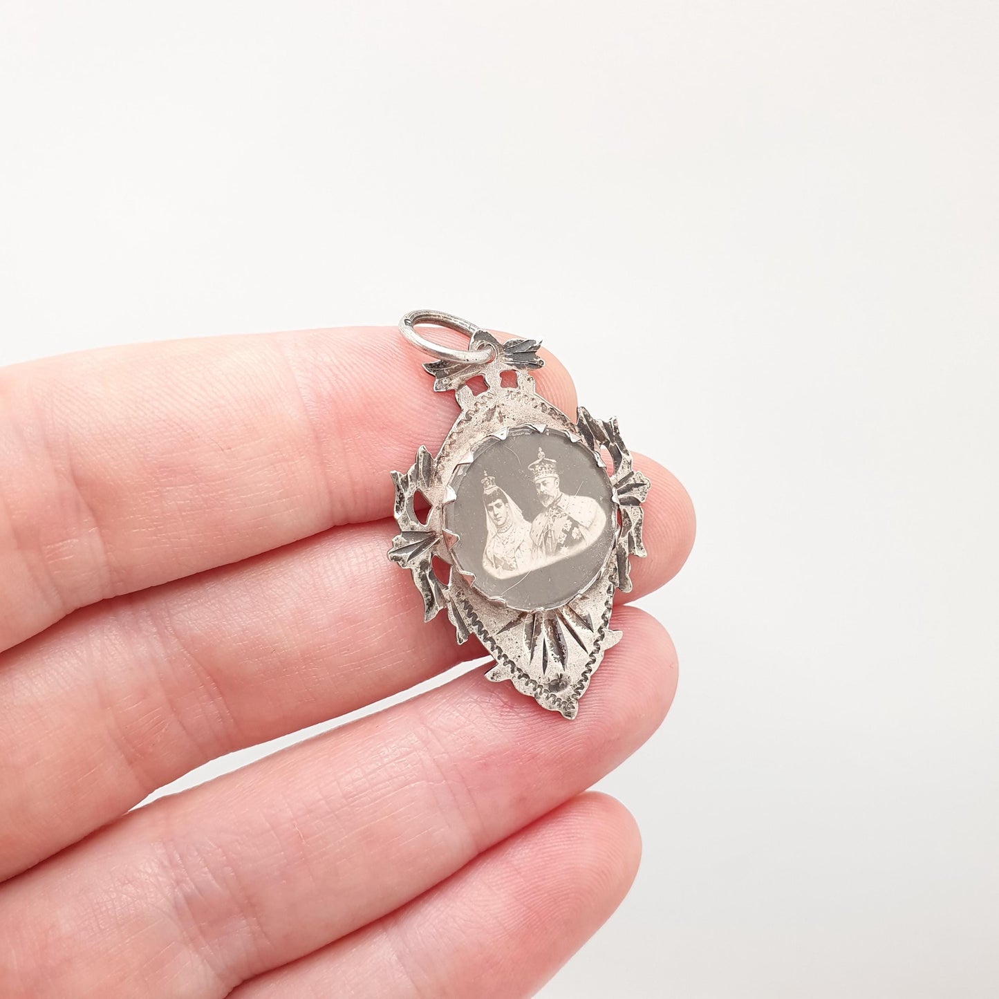 Antique Sterling Silver Kind Edward VII Albert Fob Pendant Queen Alexandra Denmark Coronation Picture Photo Necklace Jewelry Jewellery