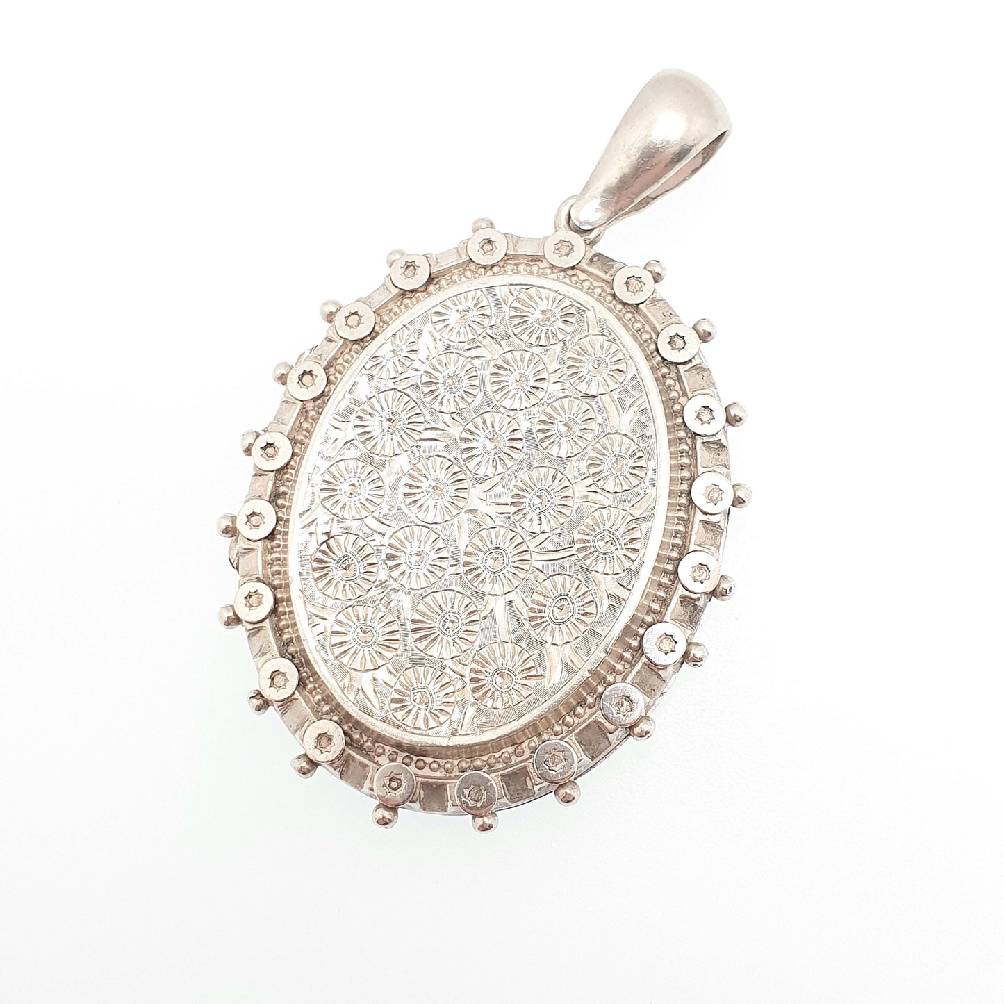 Antique Victorian Sterling Silver Locket Star Border Geometric Beaded 1882 Hallmark Pendant Picture Photo Etruscan Vintage Jewelry Jewellery