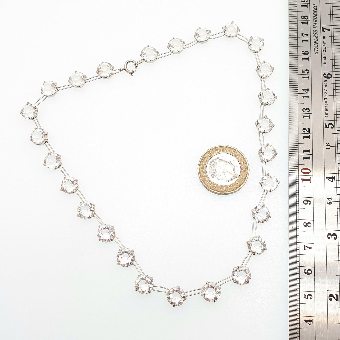 Antique Sterling Silver Diamond Paste Riviera Necklace Choker Large White Pastes Round Cut Art Deco Sparkly Womens Vintage Jewelry Jewellery