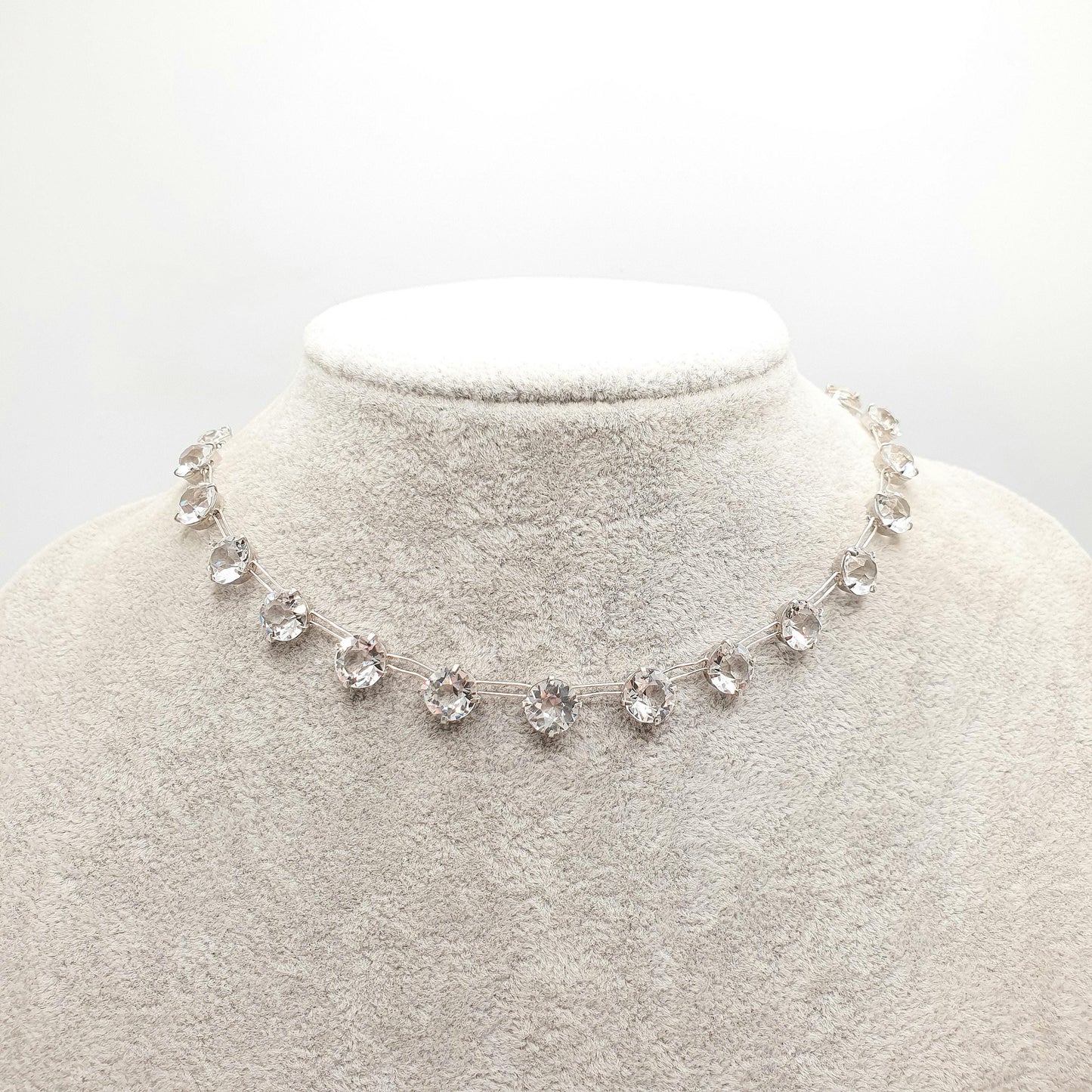 Antique Sterling Silver Diamond Paste Riviera Necklace Choker Large White Pastes Round Cut Art Deco Sparkly Womens Vintage Jewelry Jewellery