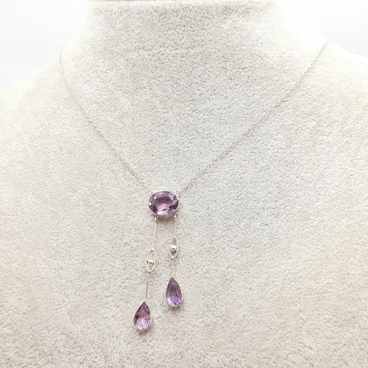 Antique Solid Silver Amethyst Negligee Necklace Lavalier Lariat Art Nouveau Natural Gemstones Hanging Pendant Womens Jewelry Jewellery