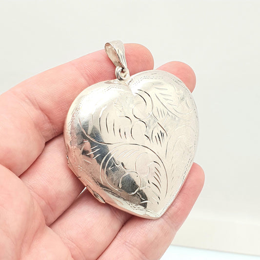 Vintage Sterling Silver Large Heart Locket Big Necklace Pendant Hand Engraved Solid 925 Cute Picture Photo Womens Ladies Jewelry Jewellery