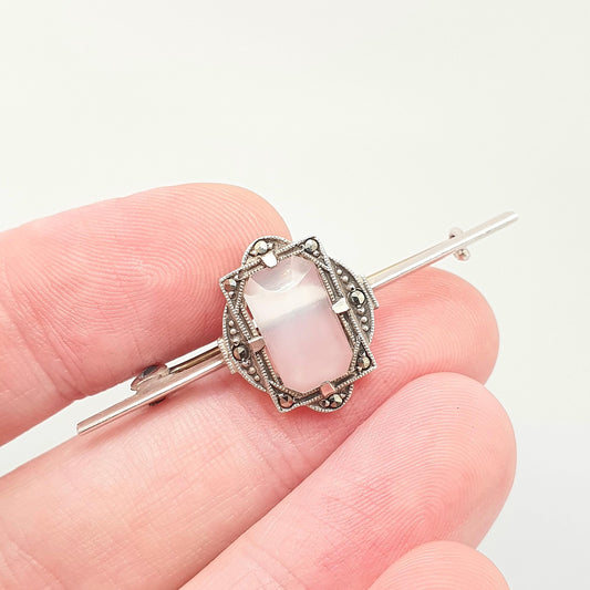 Antique Moonstone Brooch Sterling Silver Art Deco Marcasite Bar Pin Vintage Flapper Dress 1920s White Adularescence Womens Jewelry Jewellery