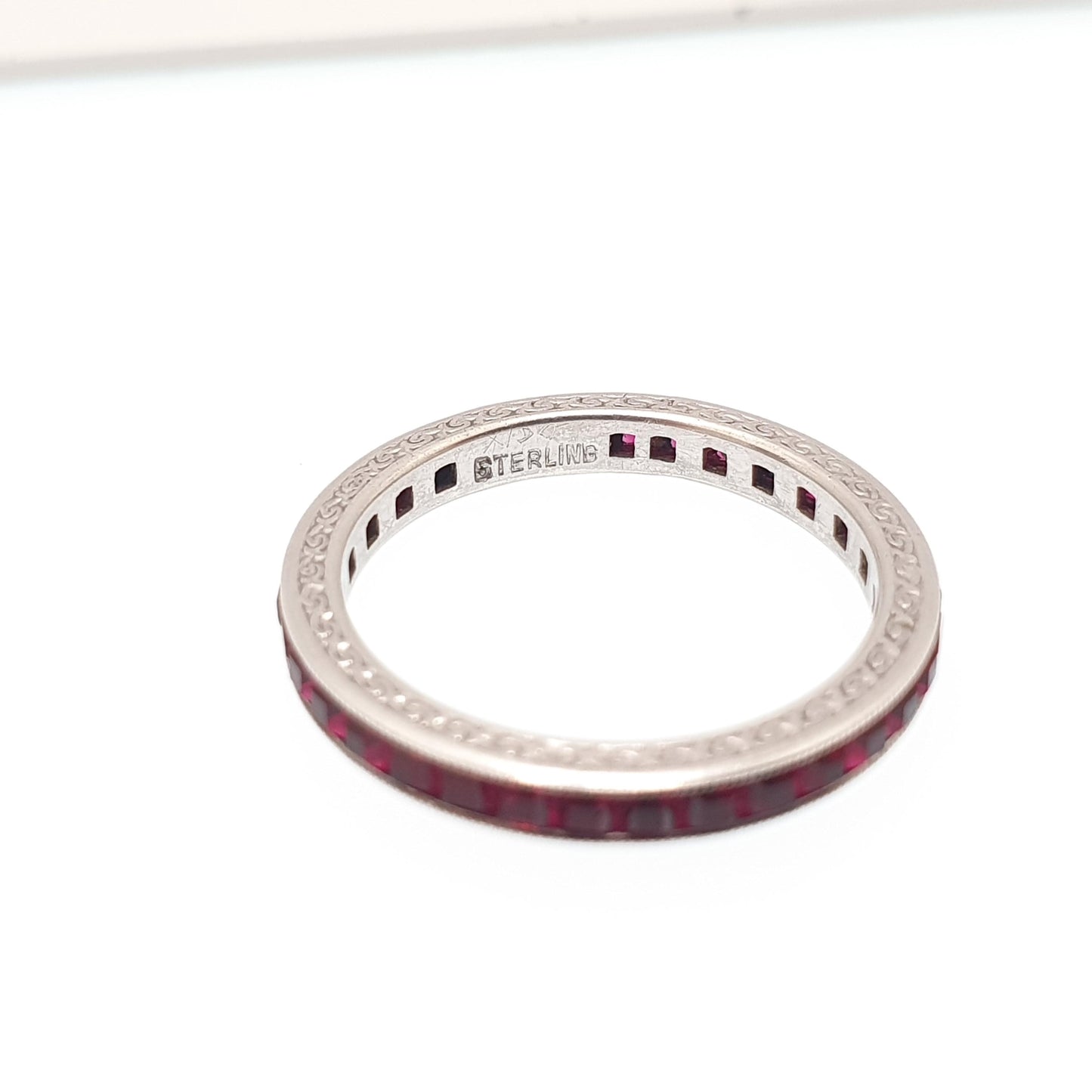 Antique Art Deco Solid Silver Ruby Paste Eternity Ring Channel Set Square Cut 1920s Vintage Full Band Ladies Womens Jewelry Jewellery