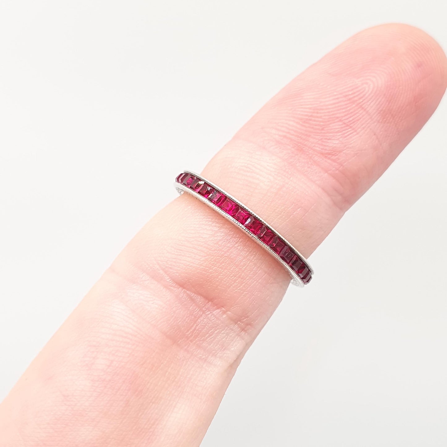 Antique Art Deco Solid Silver Ruby Paste Eternity Ring Channel Set Square Cut 1920s Vintage Full Band Ladies Womens Jewelry Jewellery
