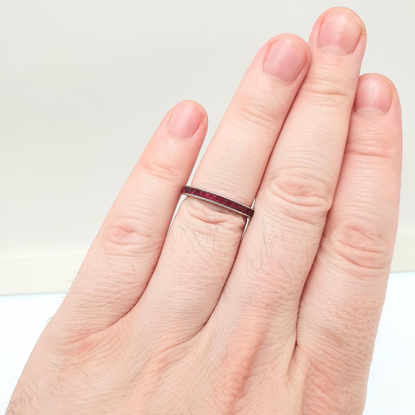 Antique Art Deco Solid Silver Ruby Paste Eternity Ring Channel Set Square Cut 1920s Vintage Full Band Ladies Womens Jewelry Jewellery