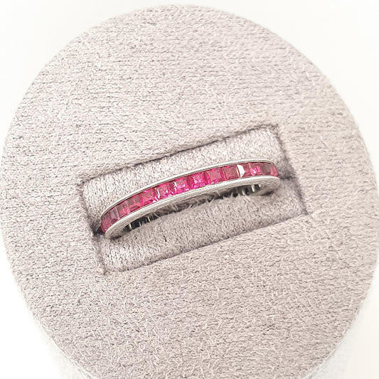Antique Art Deco Solid Silver Ruby Paste Eternity Ring Channel Set Square Cut 1920s Vintage Full Band Ladies Womens Jewelry Jewellery