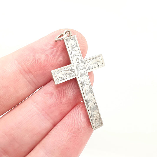 Antique Sterling Silver Crucifix Necklace Victorian Pendant Engraved Cross Catholic Christian Jewelry Vintage Mens Womens Jewellery