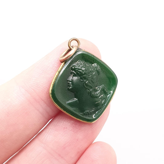 RESERVED/SOLD DON Antique Victorian Glass Cameo Pendant Green Glass Faux Chrysoprase Gold Gilt Necklace Square 1800s