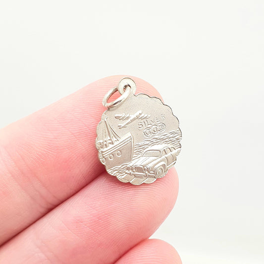 GEORG JENSEN Vintage Sterling Silver St Christopher Pendant Necklace Small Plane Car Double Sided Genuine Saint Jewellery Jewelry Women