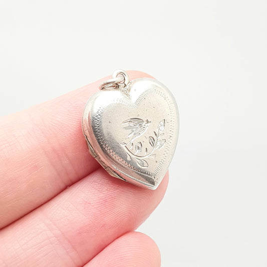 Antique Solid Silver Bird Heart Locket Pendant Necklace Engraved Love Gift Cute Solid Vintage Picture Photo Womens Jewelry Jewellery