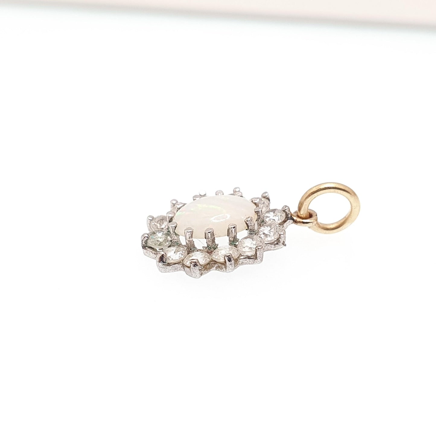 Vintage 9k 9ct 375 Gold Opal Necklace Pendant CZ Cluster Halo White Oval Gemstone Solid Yellow 9 Carat Retro Ladies Womens Jewelry Jewellery