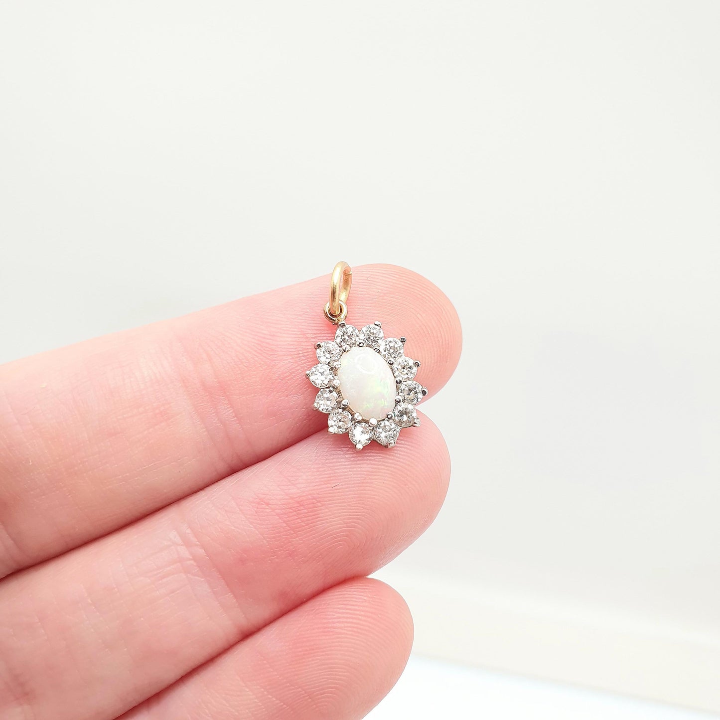 Vintage 9k 9ct 375 Gold Opal Necklace Pendant CZ Cluster Halo White Oval Gemstone Solid Yellow 9 Carat Retro Ladies Womens Jewelry Jewellery