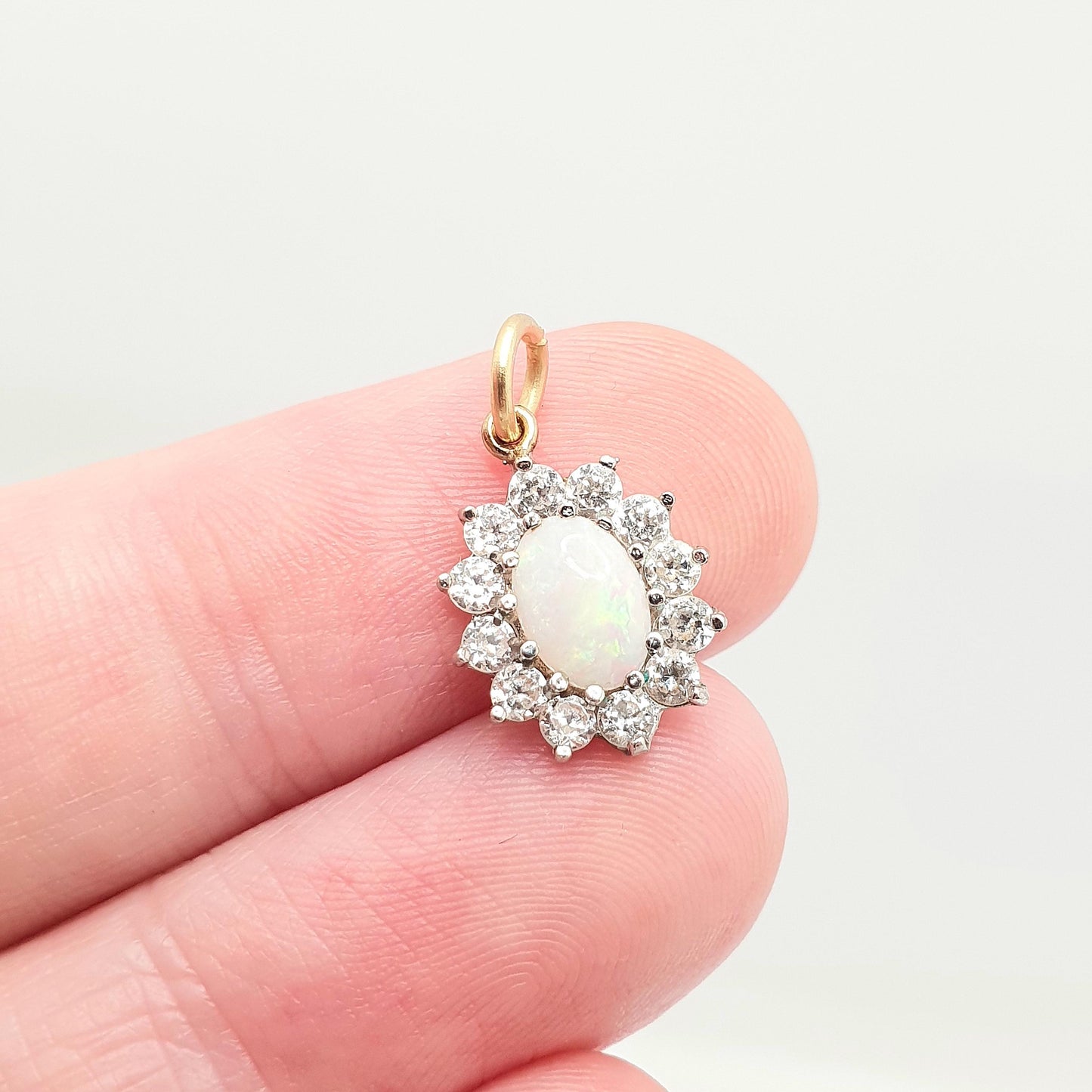 Vintage 9k 9ct 375 Gold Opal Necklace Pendant CZ Cluster Halo White Oval Gemstone Solid Yellow 9 Carat Retro Ladies Womens Jewelry Jewellery