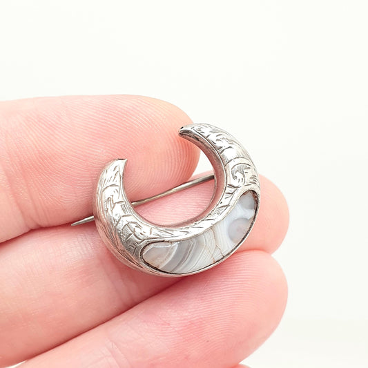 Antique Victorian Sterling Silver Crescent Moon Brooch Montrose Blue Lace Agate Scottish Grey Banded Scotland Vintage Jewelry Jewellery