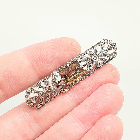 Antique Sterling Silver Citrine Paste Brooch Art Deco Marcasite Geometric Solid 935 Genuine 1920s Large Vintage Womens Jewelry Jewellery