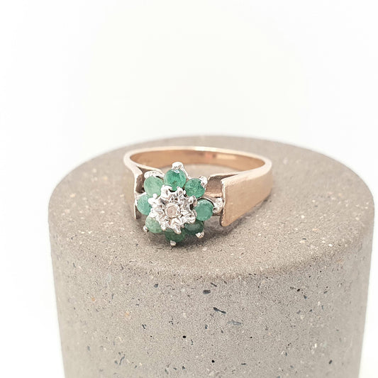 Vintage 9k 9ct Gold Emerald Diamond Ring Cluster Halo 1978 Hallmarked Solid 375 Estate Fine Genuine Gemstone Real Jewelry Jewellery Womens
