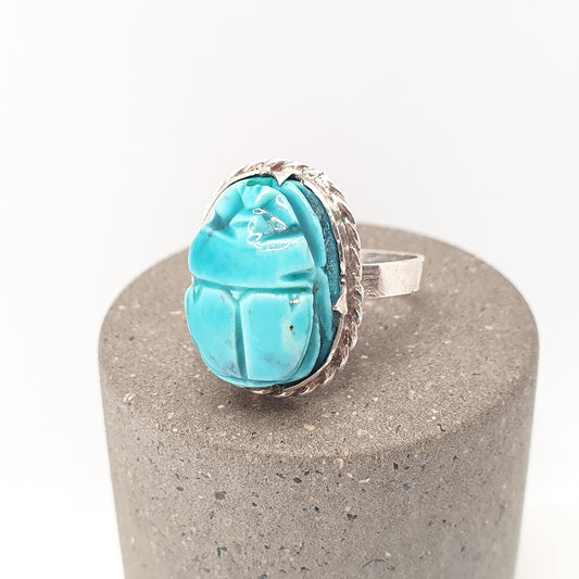 RESERVED/SOLD DON Vintage Solid Silver Scarab Beetle Ring Egyptian Blue Faience Art Deco Revival Large Big Egypt Insect