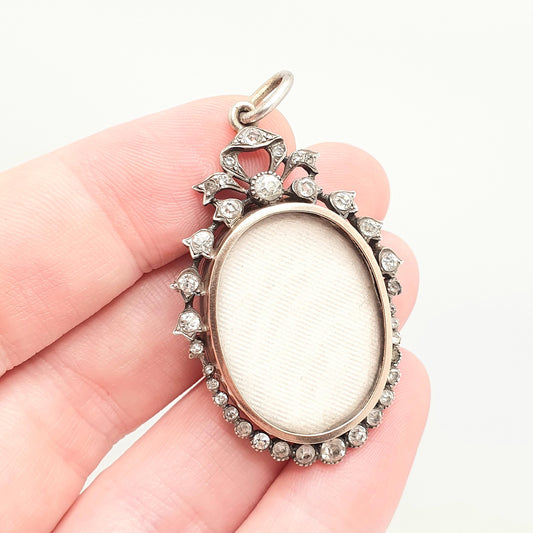 Antique Sterling Silver Diamond Paste Locket Pendant Edwardian PARISIAN DIAMOND COMPANY Oval Bow Necklace Picture Photo Double Sided Vintage