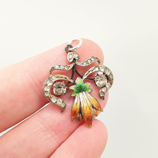 Antique Victorian Solid Silver Diamond Paste Necklace Pendant Enamel Flower Colourful Fine Art Nouveau Sparkly Vintage Jewellery Jewelry