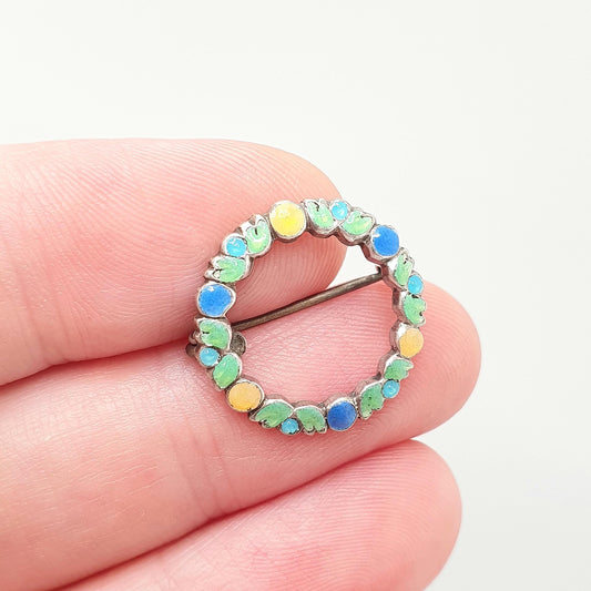 Old Vintage Bernard Instone Solid Silver Enamel Brooch Pin Leaf Wreath Flower Polo Donut Green Blue Yellow Womens Jewelry Jewellery