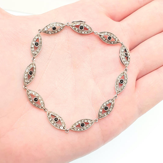 Antique Solid Silver Diamond Paste Bracelet Art Deco Onyx Paste French Eye Ellipse Link Genuine 1920s Vintage Womens Jewelry Jewellery