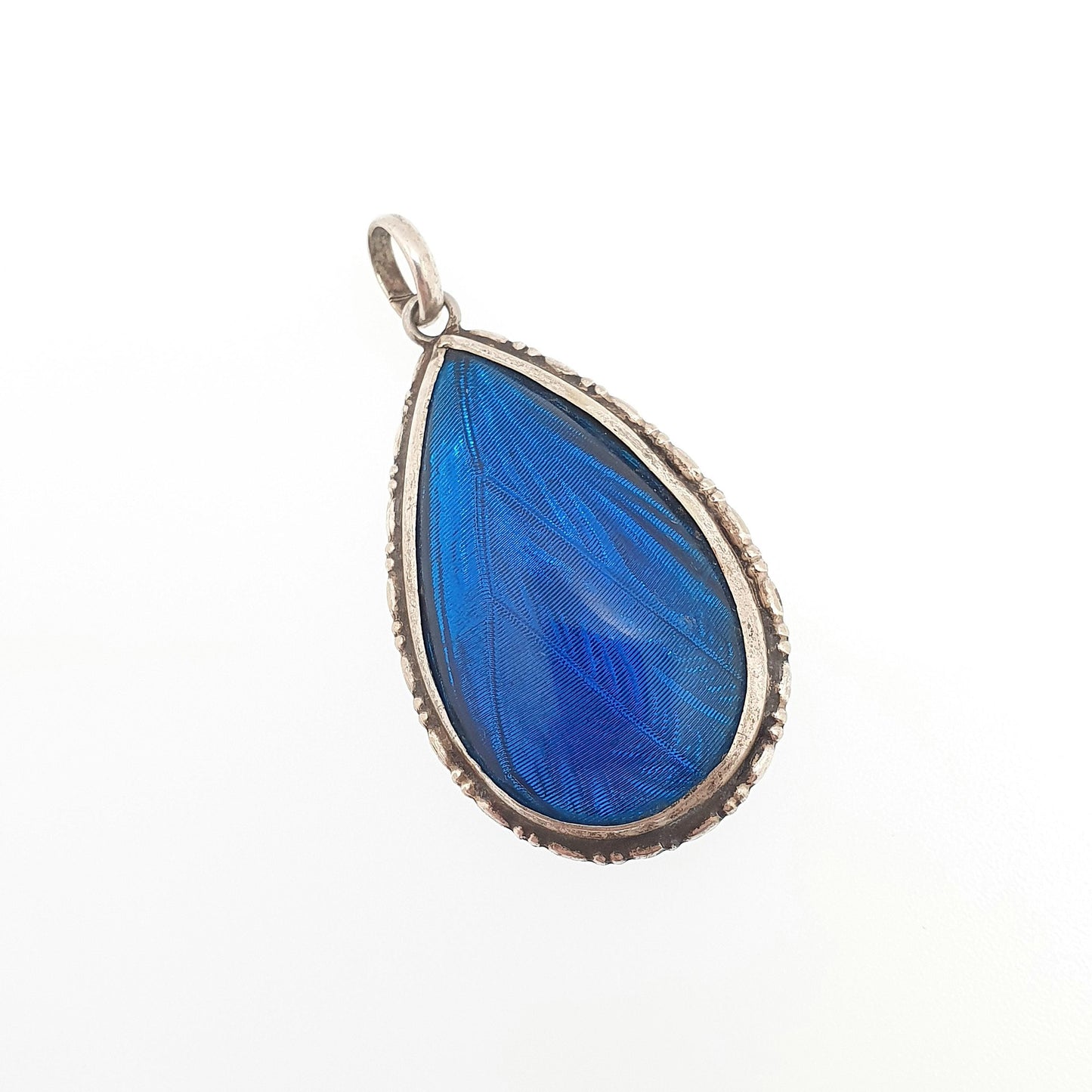 Antique Solid Silver Butterfly Wing Necklace Pendant Large Pear Art Deco Round Vintage 1920s Blue Bug Fly Insect Jewelry Jewellery Womens