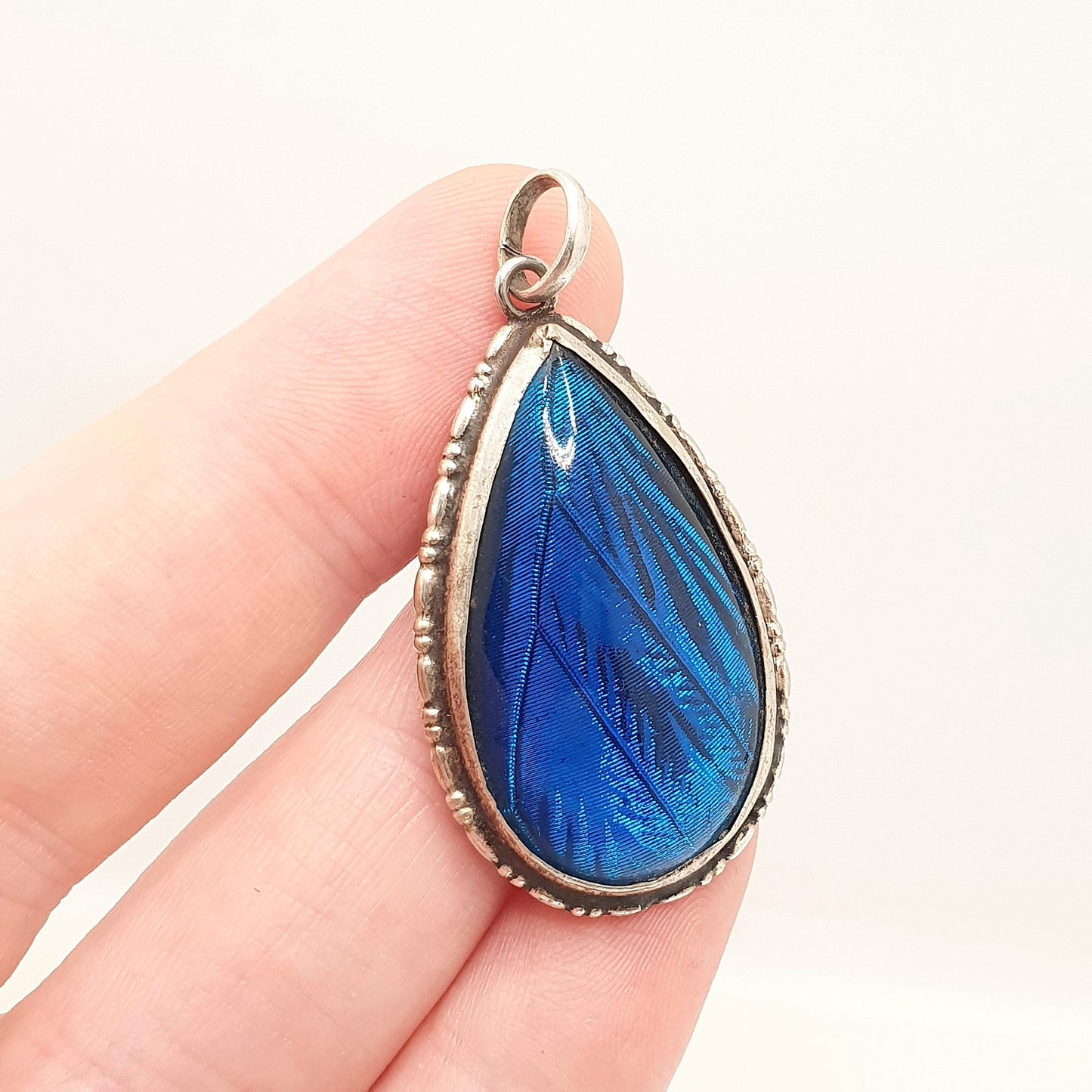 Antique Solid Silver Butterfly Wing Necklace Pendant Large Pear Art Deco Round Vintage 1920s Blue Bug Fly Insect Jewelry Jewellery Womens