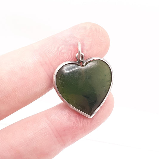 Antique Solid Silver Nephrite Jade Heart Pendant Necklace New Zealand Jadeite Love Gift Vintage Jewelry Jewellery Mens Womens