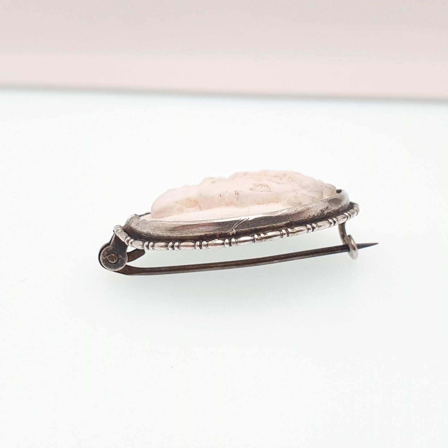 Antique Victorian Cameo Solid Silver Brooch Pink Conch Shell High Relief Large Big Vintage Rope Handmade 1800s Womens Jewelry Jewellery