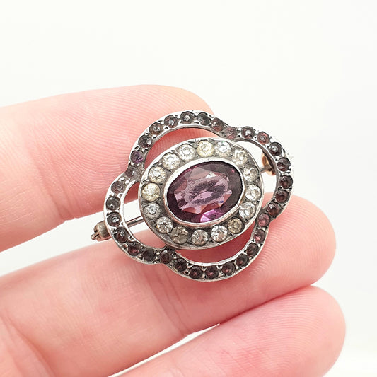 Antique Solid Silver Amethyst Paste Brooch Victorian Cluster Diamond Pastes Oval Shape Genuine 1800s Vintage Womens Ladies Jewelry Jewellery