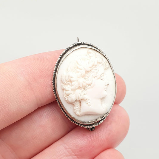 Antique Victorian Cameo Solid Silver Brooch Pink Conch Shell High Relief Large Big Vintage Rope Handmade 1800s Womens Jewelry Jewellery