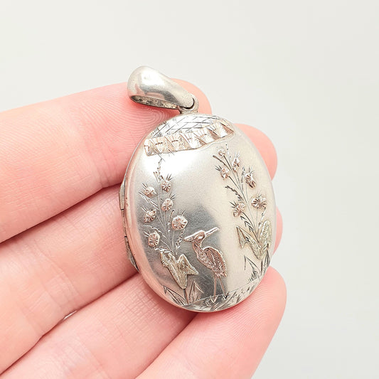 Antique Victorian Solid Silver Heron Bird Locket Gold Highlights Geometric Pendant Picture Photo Aesthetic Vintage Womens Jewelry Jewellery