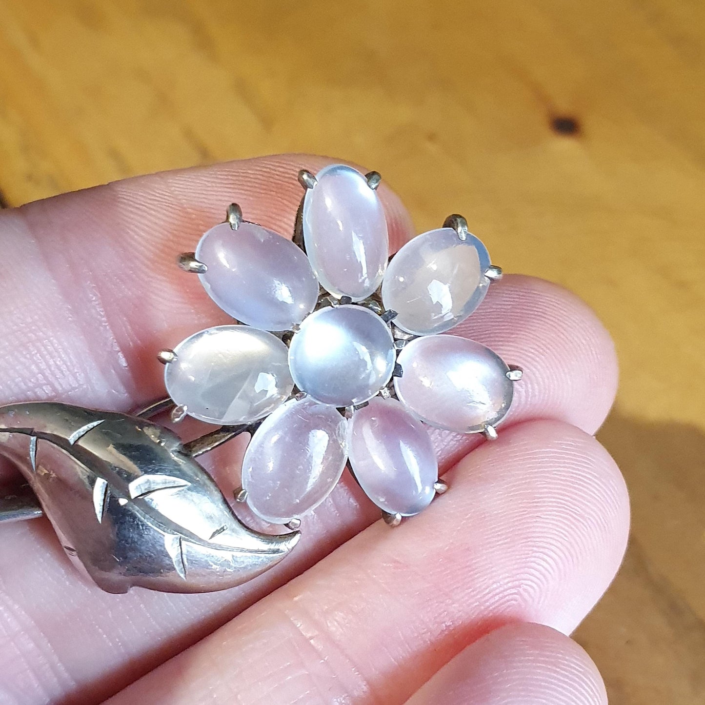 Antique Solid Silver Moonstone Flower Brooch Victorian Natural Floral Genuine Blue Gemstones Art Nouveau Vintage Gift Jewelry Jewellery