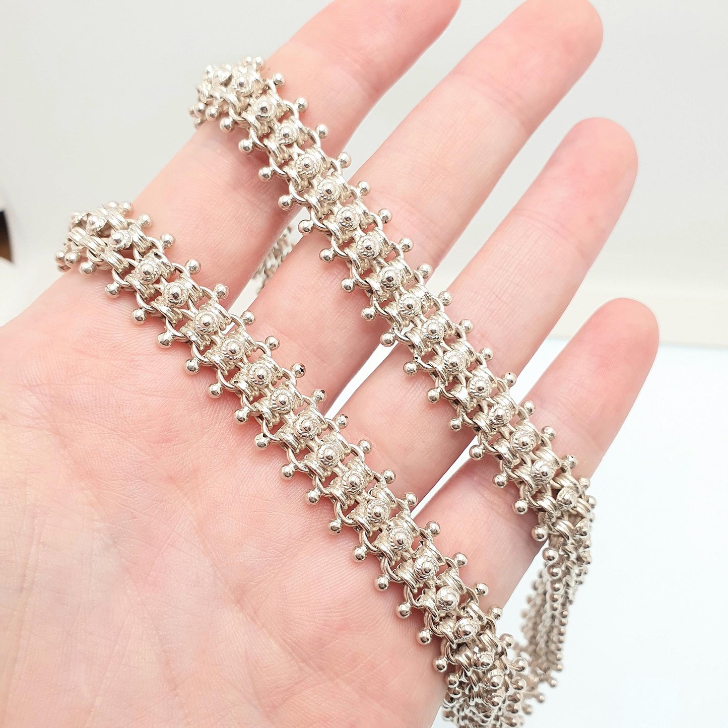 Antique Victorian Sterling Silver Collar Necklace Bead & Belcher Bookchain Original Bolt Ring 48cm 33.12g Estate Vintage Jewelry Jewellery