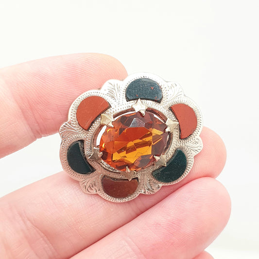 Antique Sterling Silver Scottish Brooch Bloodstone Red Jasper Citrine Paste Cairngorm Solid 925 Vintage Celtic Womens Jewelry Jewellery