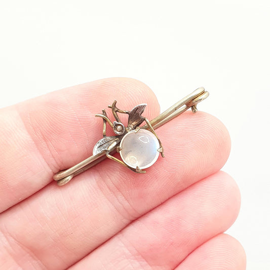 Antique Victorian Moonstone Fly Bug Brooch Genuine Real Blue Adularescence Insect Silver Tone Seed Pearl Vintage Jewellery Jewelry